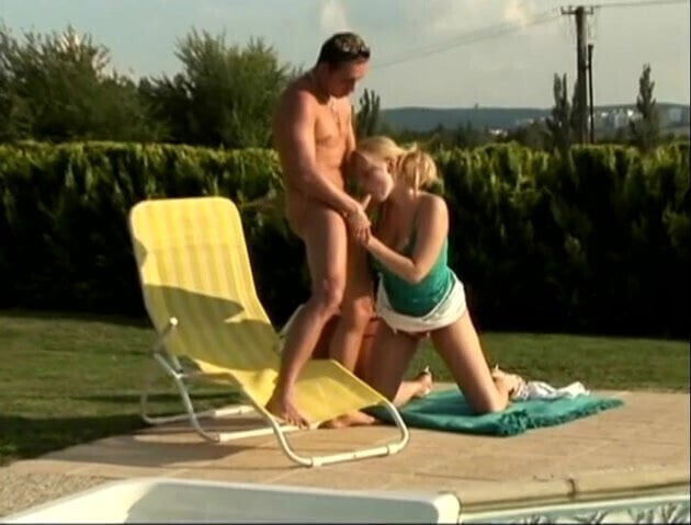 Poolside fun with horny blonde swallowing cock