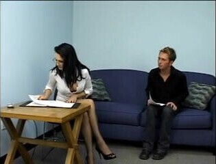 Group of secretaries have their feet sucked by submissive guy 