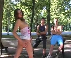 Two amateur fellows watching Russian naked gal outdoors