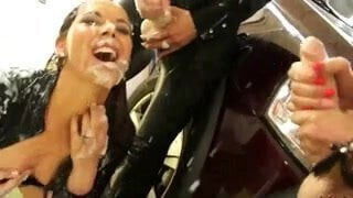 Horny babes sprayed with bukkake from their strapons