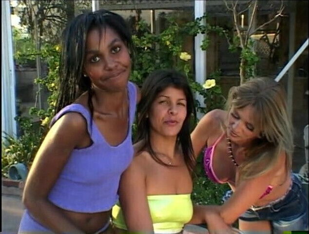 African beauty with small tits gets drilled with dildo by hotties by the pool 