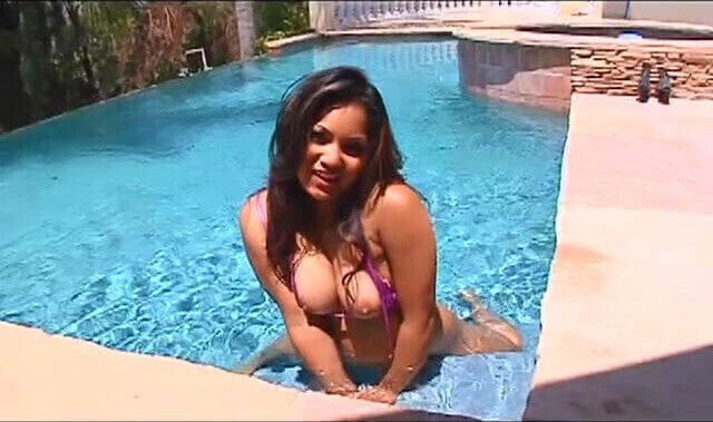 Asian babe with perfect tits gives black guy head in the pool 