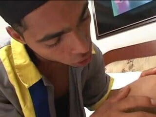 sucks brunette Tgirl's pretty titties hard dick bed.