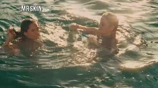 Hot celebrity chicks swim naked together and then fuck!