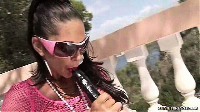 Busty huge dildo outdoors