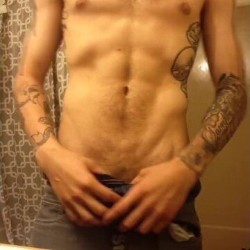 little hairy skinny toned college with tattoos jackin shower