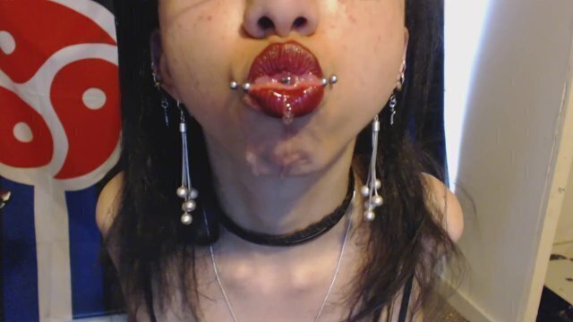 Goth with Lipstick Drools Blows Spit Bubbles Spit Fetish