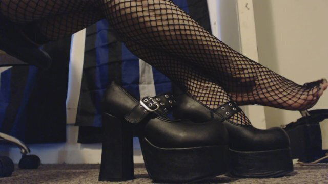 Goth Girl Shows Black Platform Heels Fishnet Stocking Feet