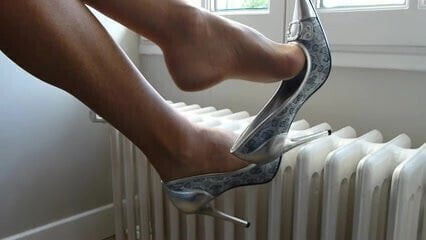 Dangling with silver shoes ultrasheer pantyhose