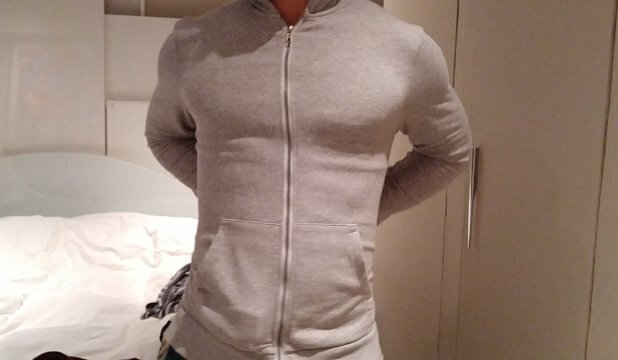 stripping flexing through hoodie, tanktop, briefs flexing muscles