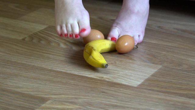 legs bare feet mercilessly trampled banana eggs. Crush Fetish.