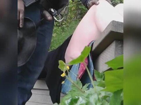 Bi-racial couple orgasms together outside