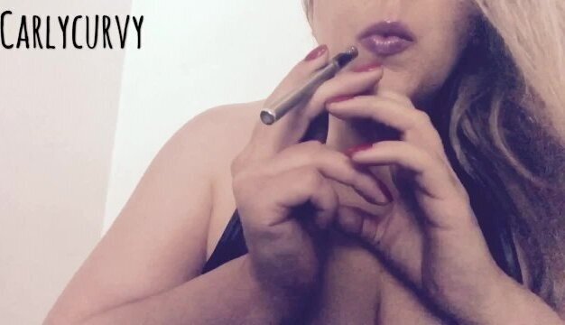 Blonde Carlycurvy vaping playing short leather dress