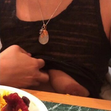 Wife in see through shirt flashing tits in buffet restaurant
