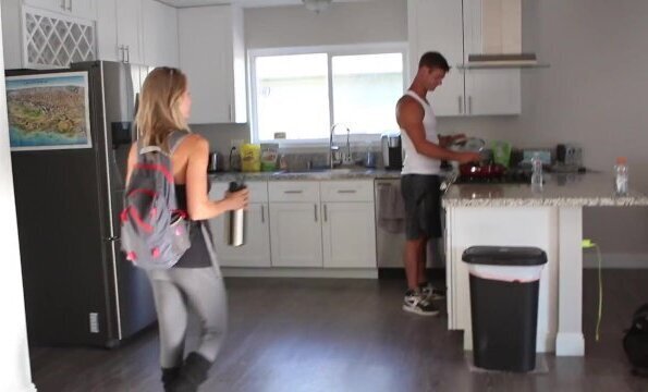 fitness blonde gives boyfriend sloppy blowjob swallows