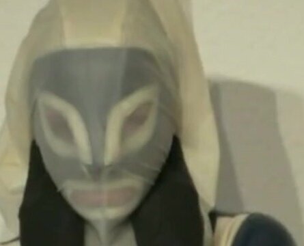 Girl Blue White Latex Catsuit Mask Plays Breath Play With Rubber Sheet