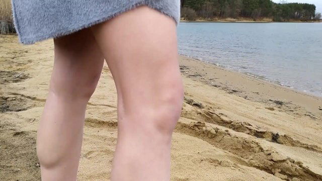 Milf walking beach near lake show underwear