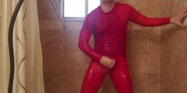 Spandex getting showering jacking catsuit