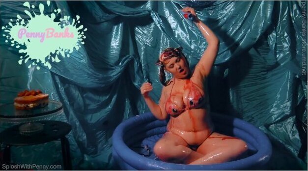 Cute redhead teen bikini messy sweet food sploshing cake sitting