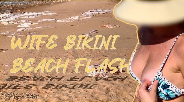 Wife bikini beach flash