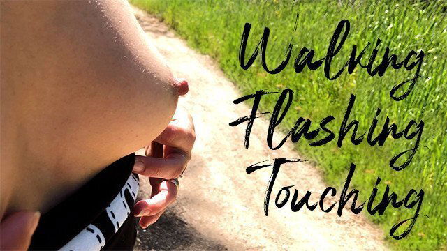 Slutty wife flashing touching boobs, pussy during walk