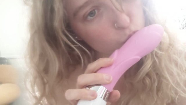 Cute Blonde Whore sucks Vibrator big, natural