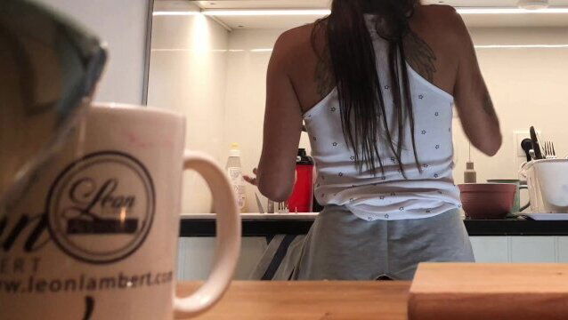 Braless Brunette Tight Pussy Panties Kitchen finishes Dishes