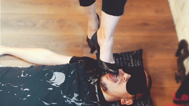 Slave licks cleans mistress's shoes while lying feet, russian femdom, foot worship