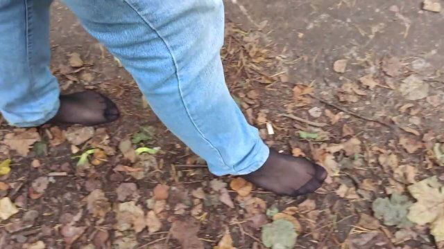 Risky walking forest barefoot with pantyhose, also needed pee!