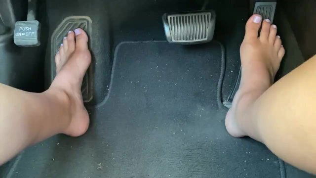 Driving Barefoot with Cute Feet Pedal Pumping