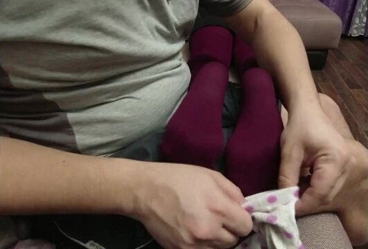White socks and red nylon pantyhose massage