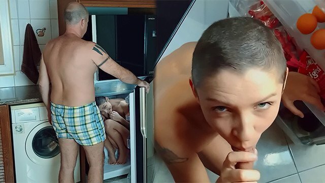 Naughty girl fridge surprised neighbor suck