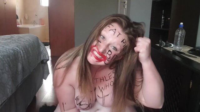 worthless degrading herself body writing hair pulling self slapping