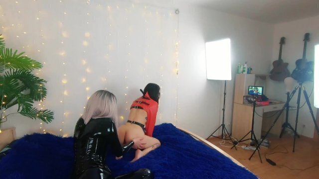 Backstage pretty lesbian fetish girls doing video. Positive Femdom, play, latex leather