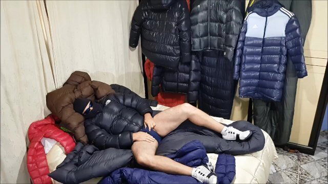 Handjob cumshot with down jacket
