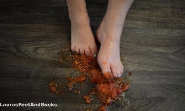 Crush food with barefeet, crushing tomatoes