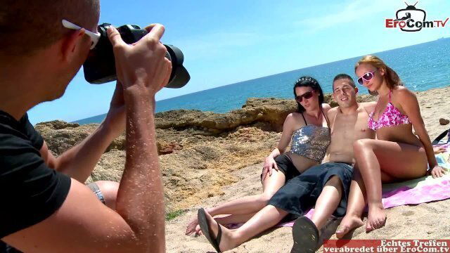 spontaneous foursome beach with Spanish latinas bikinis strange guys