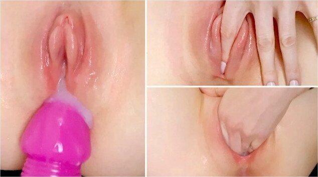 Pumped meaty pussy tries take giant dildo. Close-up