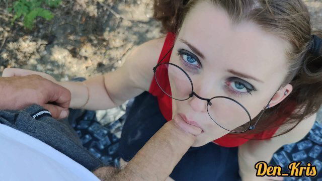 cute schoolgirl with glasses gives blowjob road