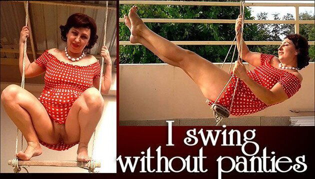 Cute housewife without panties swing. Slut swings shows perfect pussy.