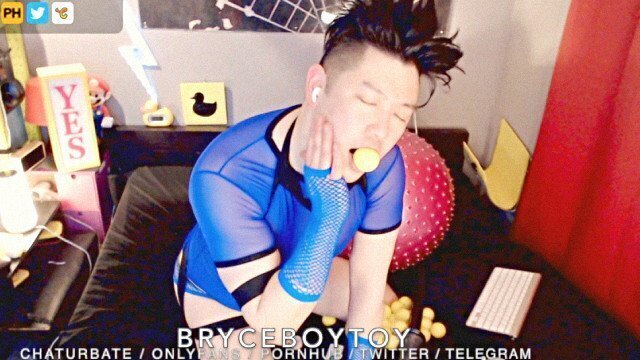 BryceBoytoy slaps slutty face camshow, then pushes Nerf balls in/out asian femboy pussy