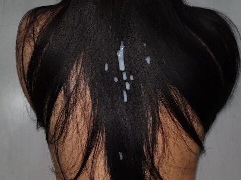 Sexy slender brunette gets cum on luxurious hair