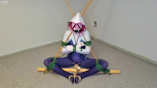 Spider-Gwen's Bondage Escape Practice Triangle Tied while Getting Teased