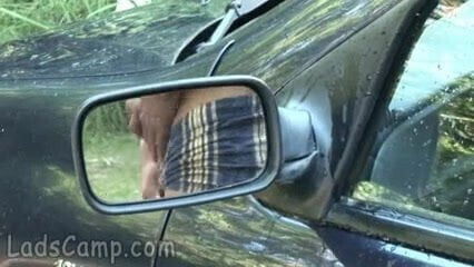 Horny gay boy feeding cum to his friend outdoors