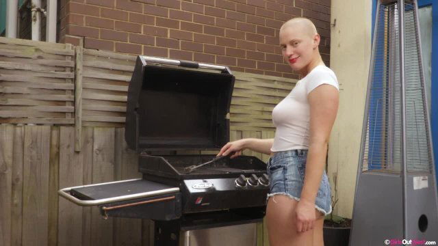 Busty bald girl with hairy pussy armpits masturbates outdoors