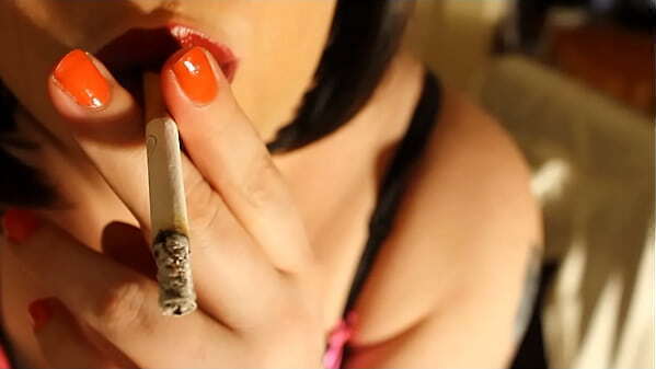 British Mistress Smoking Cork Cigarette Close
