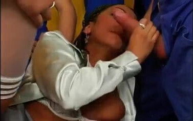 Women In Grey Satin Blouse Gets Gangbanged