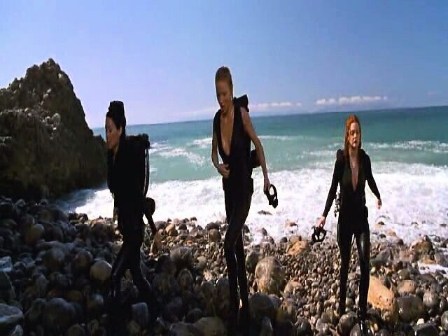 Drew Barrymore blue racing suit unzipped down