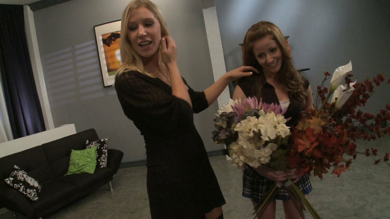 Ginger cunt slut rides dick while blonde watching