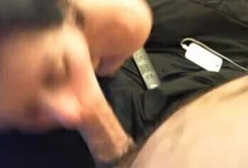 She sucks his cock & balls then takes load